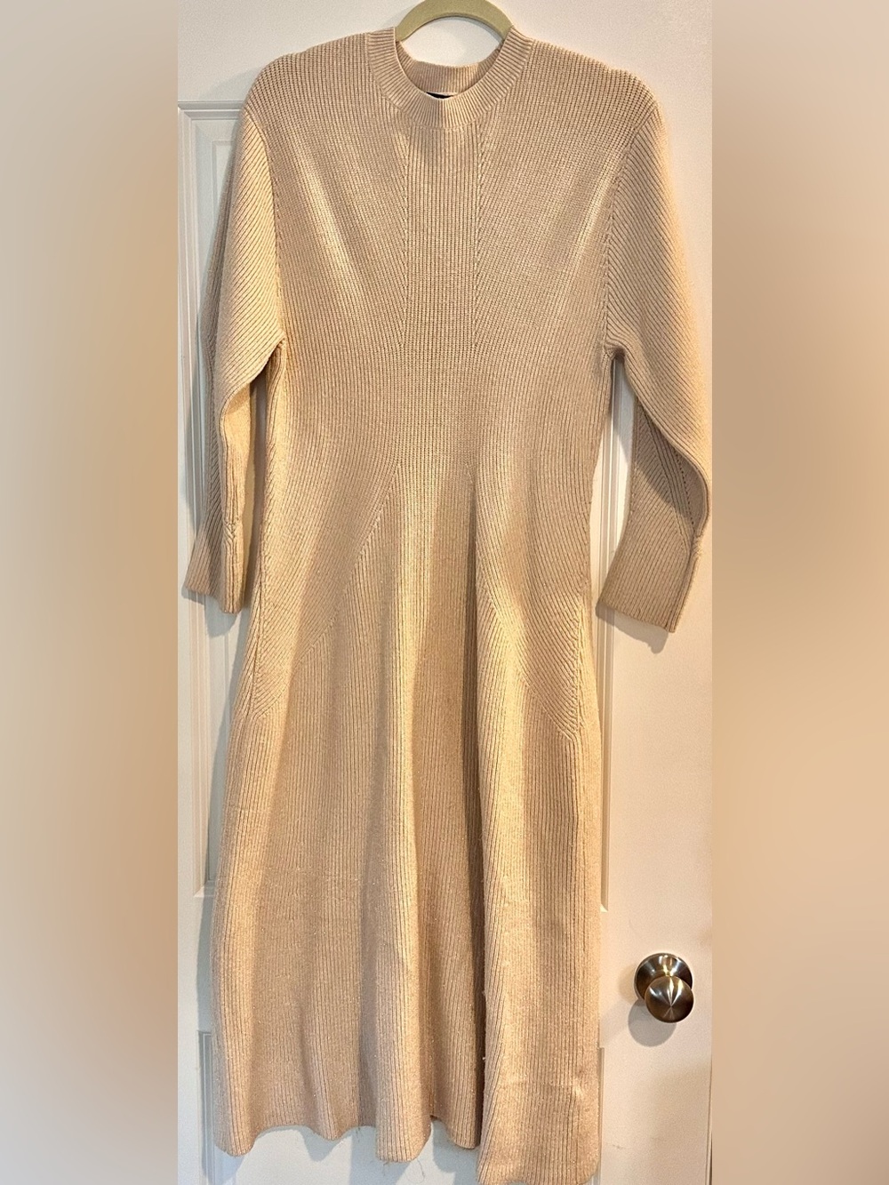Express Cream Ribbed Knit Crewneck Sweater Dress - L